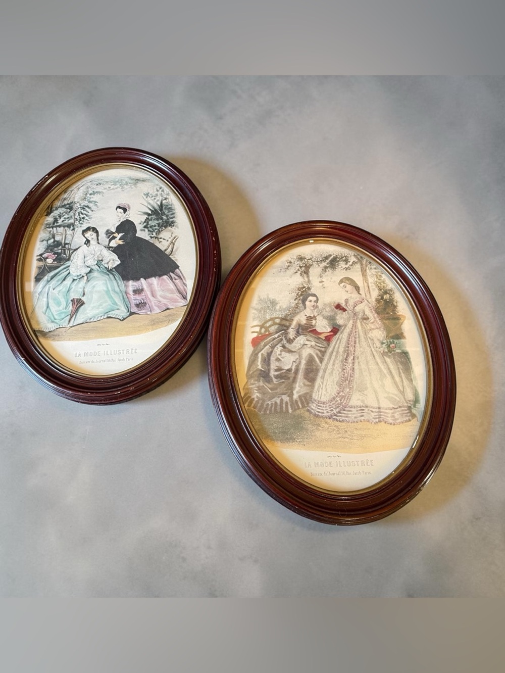 Set of French fashion prints 1880’s, from La Mode Illustree, oval frames